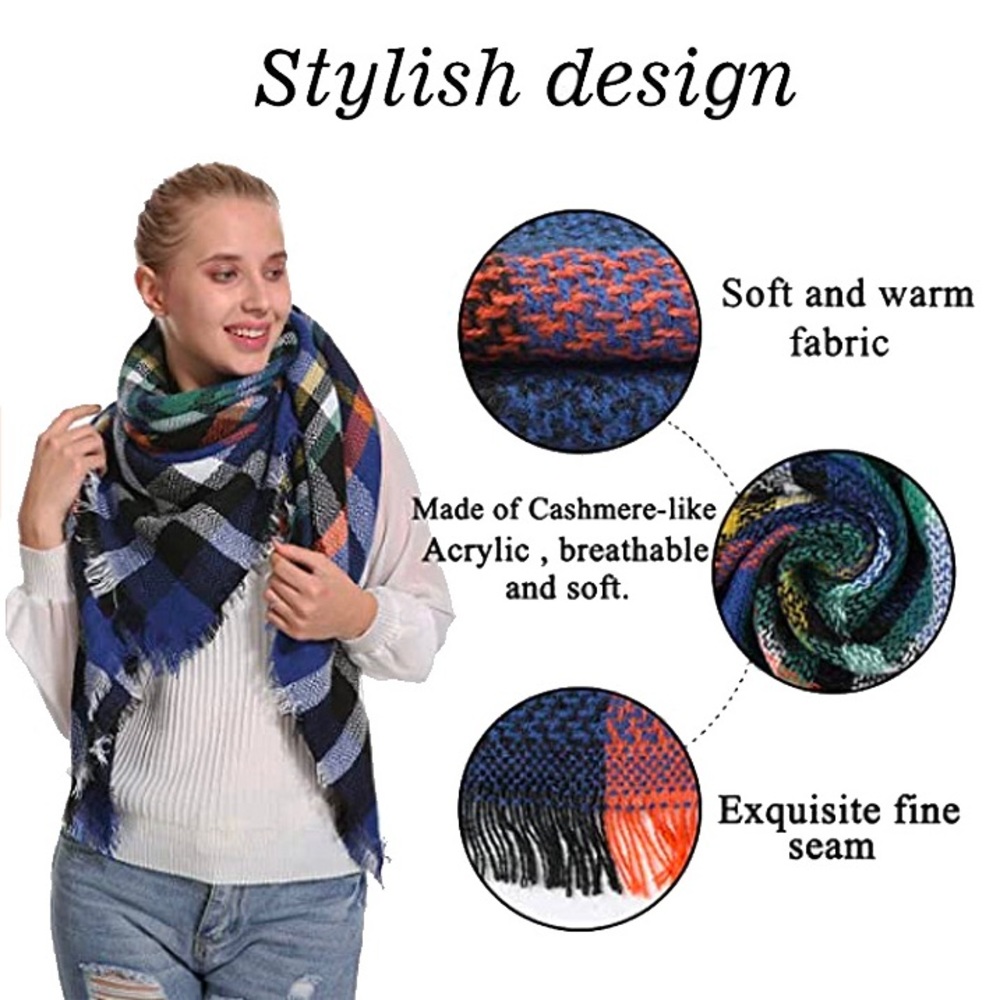 Blue Soft Plaid Cashmere Soft Scarf -NEW - Picture 4 of 4